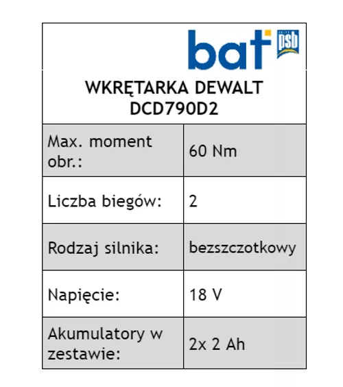 Wiertarko-wkrętarka DCD790D2 2Ah Dewalt silnik bezszczotkowy